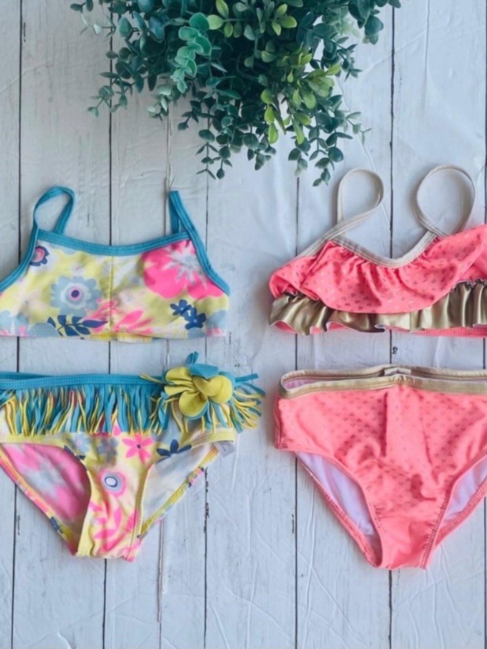 Girls Floral & Pink Two-Pack Bikinis - Bright Yellow, Turquoise, Coral
